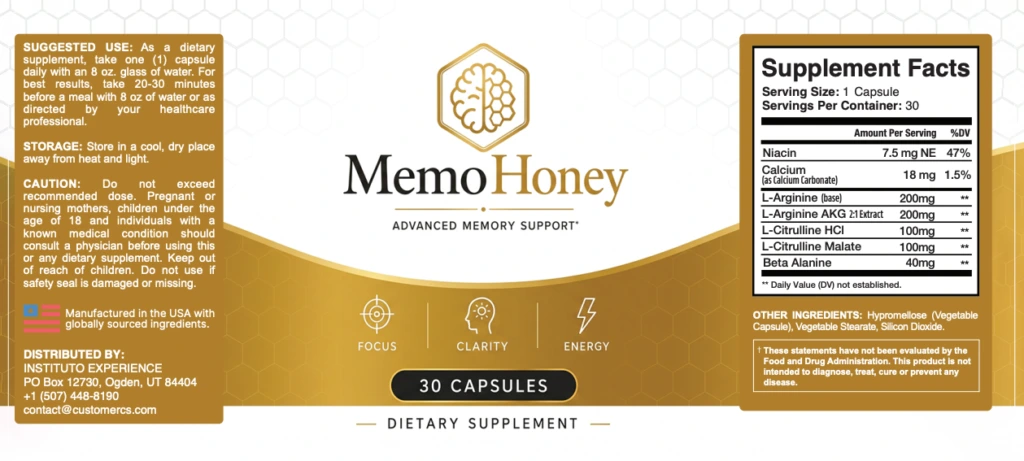 MemoHoney full Supplement Facts label